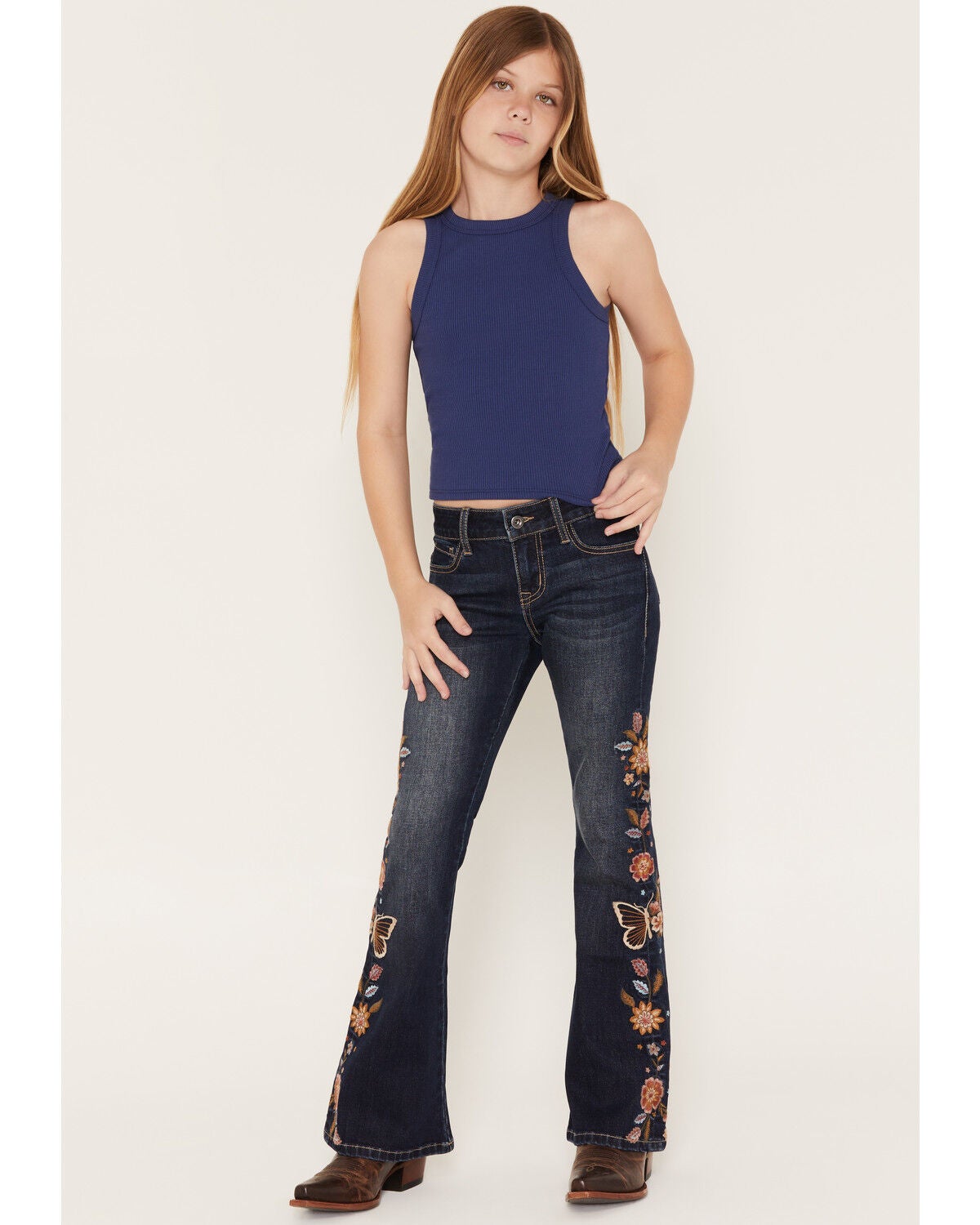 Grace in LA Girls' Dark Wash Floral Embroidered Flare Stretch Denim Jeans, Dark Wash, hi-res