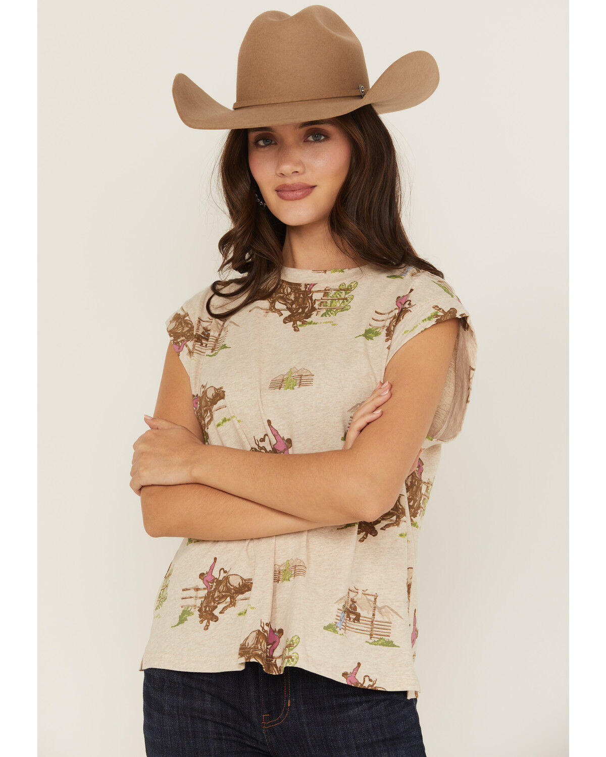 Image #1 - Ariat Women's Conversational Print Short Sleeve Graphic Tee, Tan, hi-res