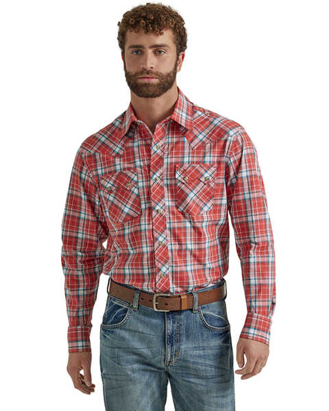 Wrangler Retro Men's Plaid Print Long Sleeve Snap Western Shirt , Red, hi-res