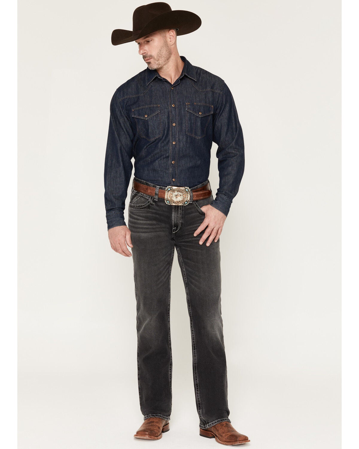 Ariat Men's M4 Ramiro Steven Washed Relaxed Bootcut Stretch Denim Jeans, Black, hi-res