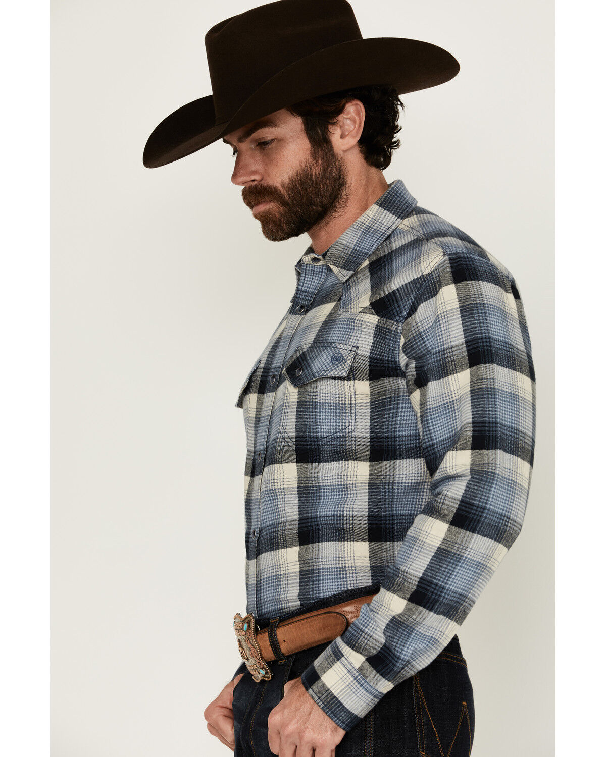 Image #2 - Blue Ranchwear Men's Finney Plaid Print Long Sleeve Snap Western Shirt, Indigo, hi-res