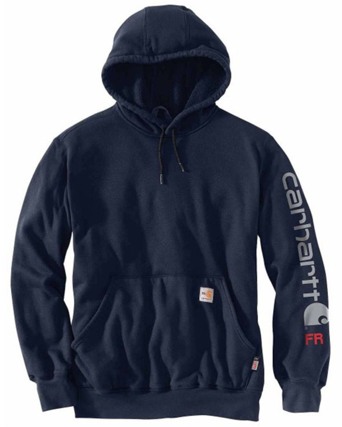 Carhartt Men's FR Force Midweight Signature Logo Hooded Work Sweatshirt, Navy, hi-res