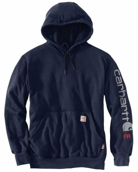 Image #1 - Carhartt Men's FR Force Midweight Signature Logo Hooded Work Sweatshirt , Navy, hi-res