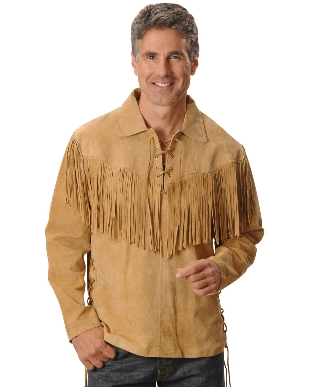 Scully Men's Fringed Boar Suede Leather Long Sleeve Western Shirt, Tan, hi-res