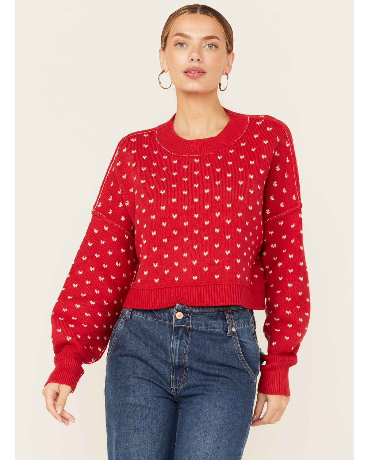 Image #2 - Free People Women's Easy Street Solid Cropped Sweater, Red, hi-res