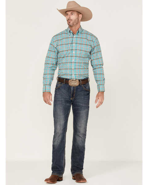 Image #2 - Rough Stock by Panhandle Men's Dobby Small Plaid Print Long Sleeve Button Down Western Shirt , Turquoise, hi-res