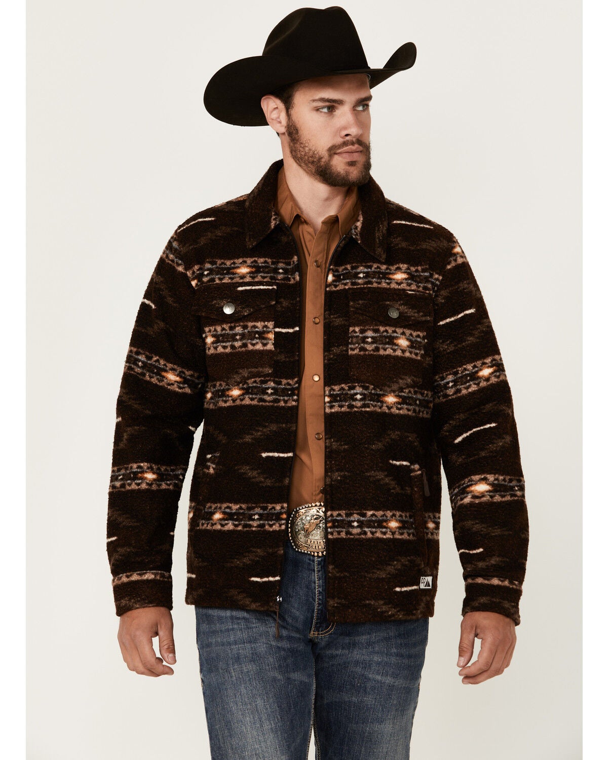 Powder River Outfitters Men's Southwestern Print Berber Zip Jacket, Dark Brown, hi-res