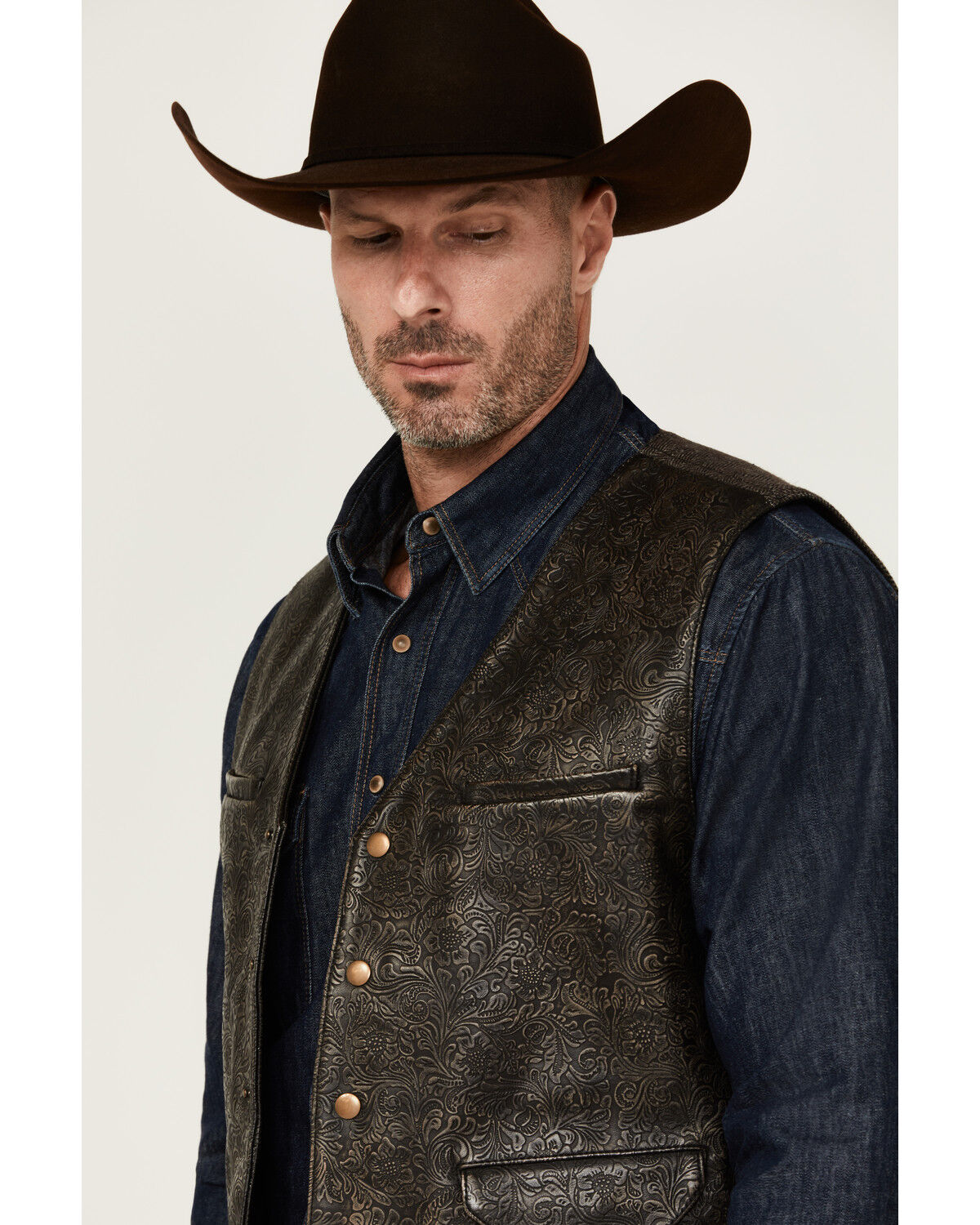 Image #2 - Moonshine Spirit Men's Bar Stool Tooled Leather Vest, Brown, hi-res