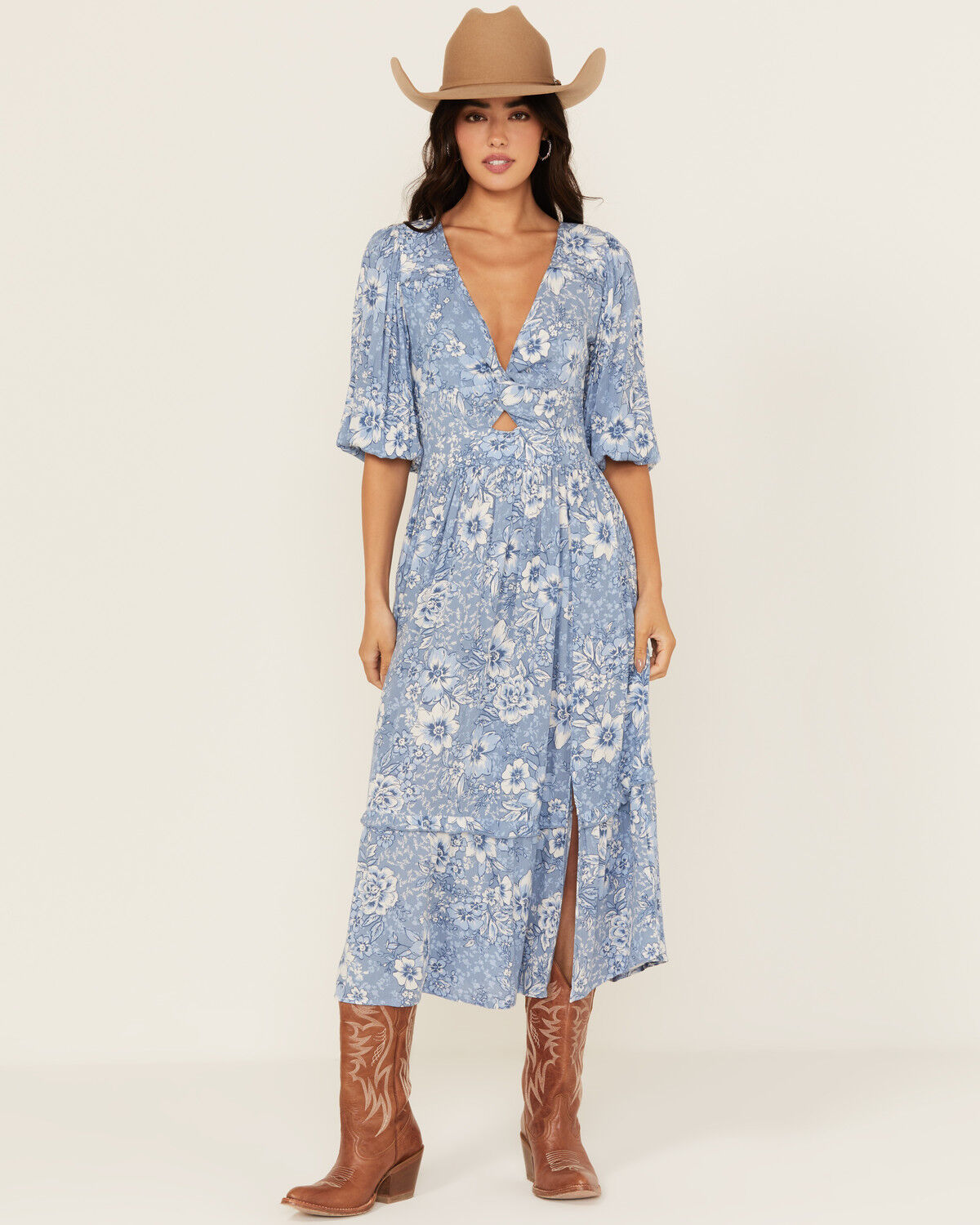 Image #1 - Wild Moss Women's Floral Print Front Twist Midi Dress, Blue, hi-res