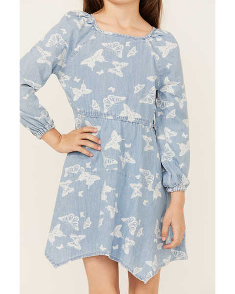 Image #3 - Wrangler Girls' Butterfly Print Denim Long Sleeve Dress, Blue, hi-res