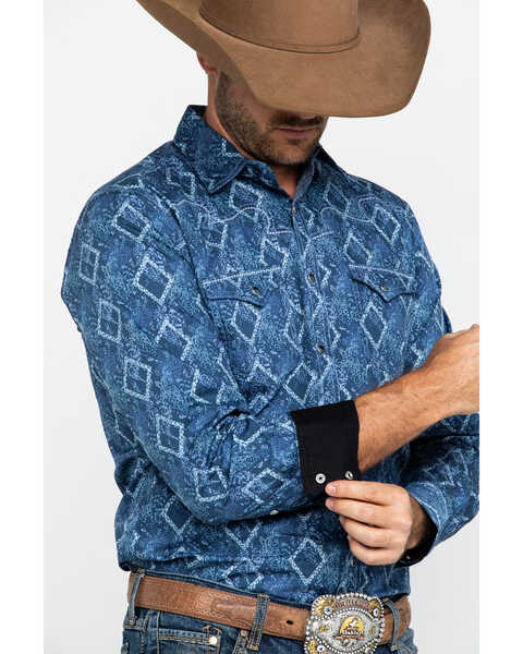 Rock 47 By Wrangler Men's Indigo Denim Floral Print Long Sleeve Western Shirt , Blue, hi-res