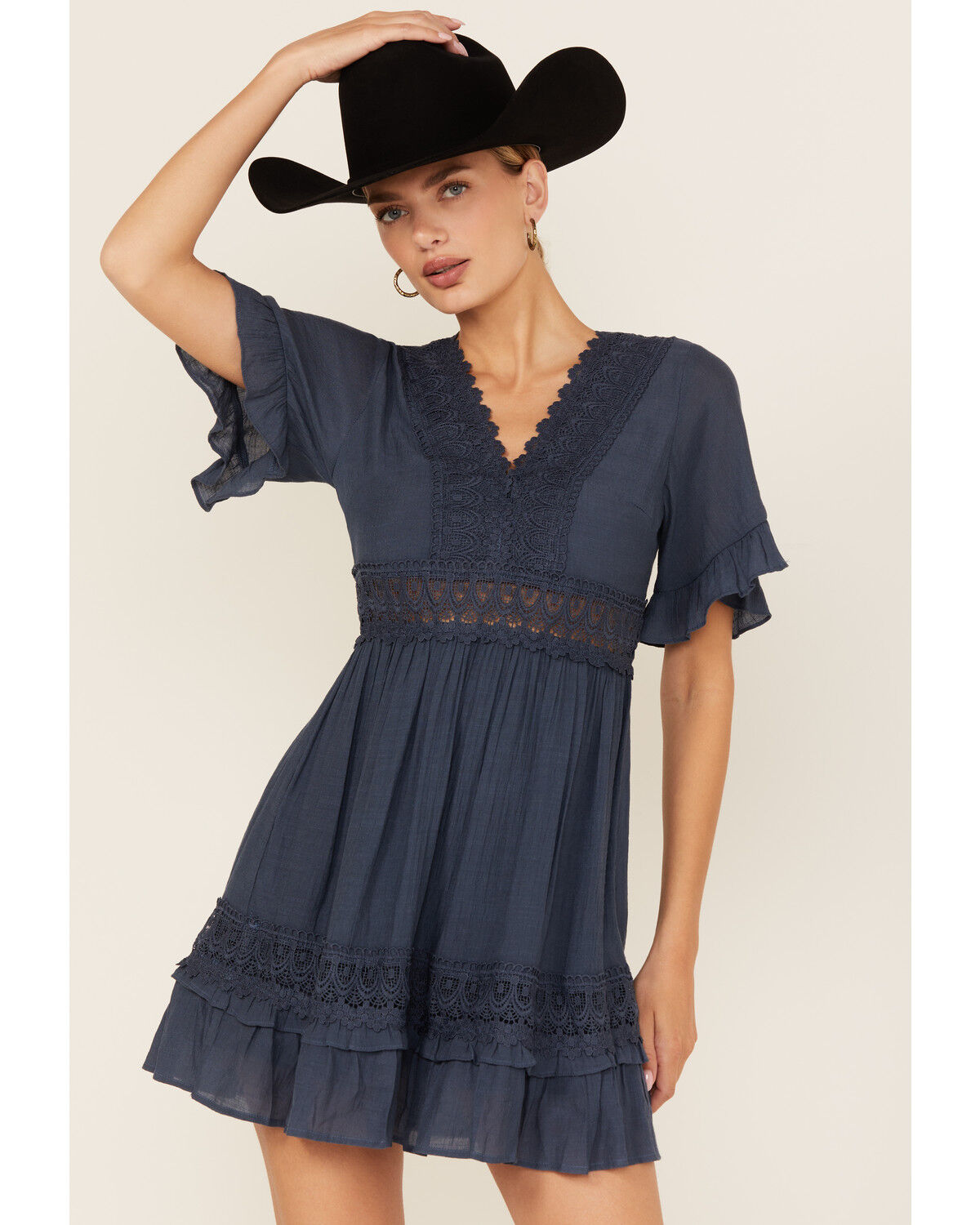 Image #2 - Wishlist Women's Solid Lace Trim Mini Dress, Blue, hi-res