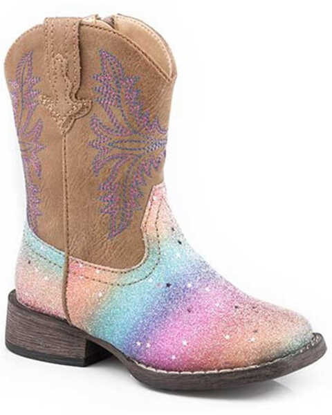 Roper Toddler Girls' Rainbow Glitter Western Boots - Square Toe, Tan, hi-res