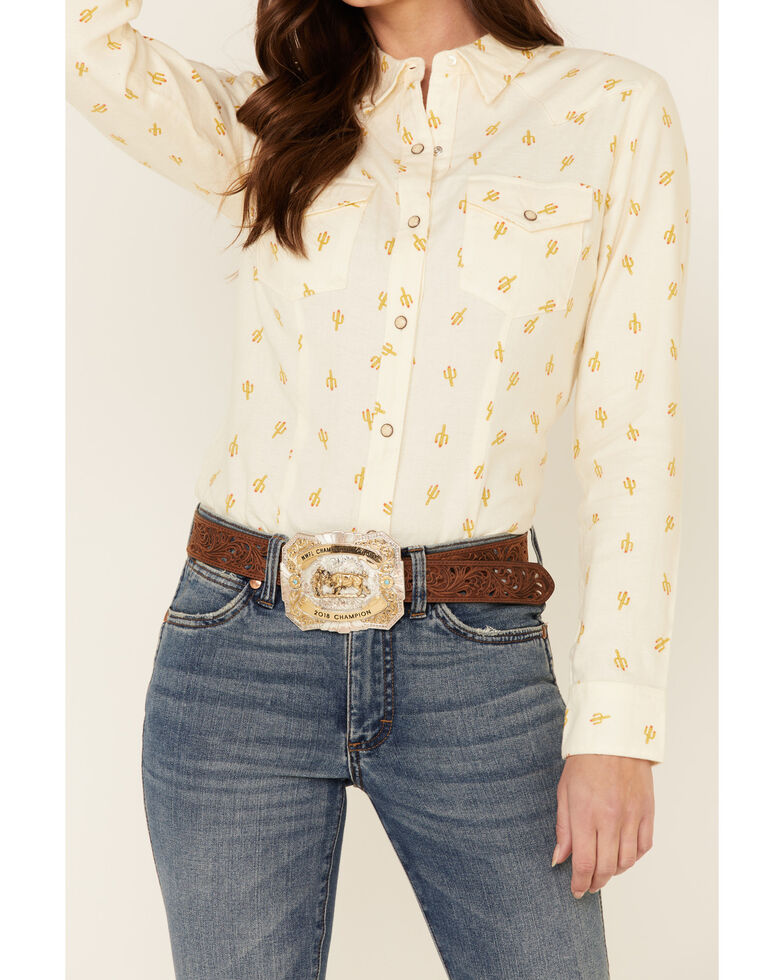 Wrangler Women's Ivory All-Over Cactus Print Long Sleeve Western Core Shirt , Ivory, hi-res