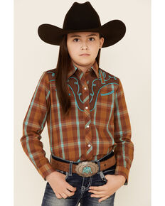 Roper Girls' Rust Plaid Fancy Applique Long Sleeve Snap Western Shirt , Brown, hi-res
