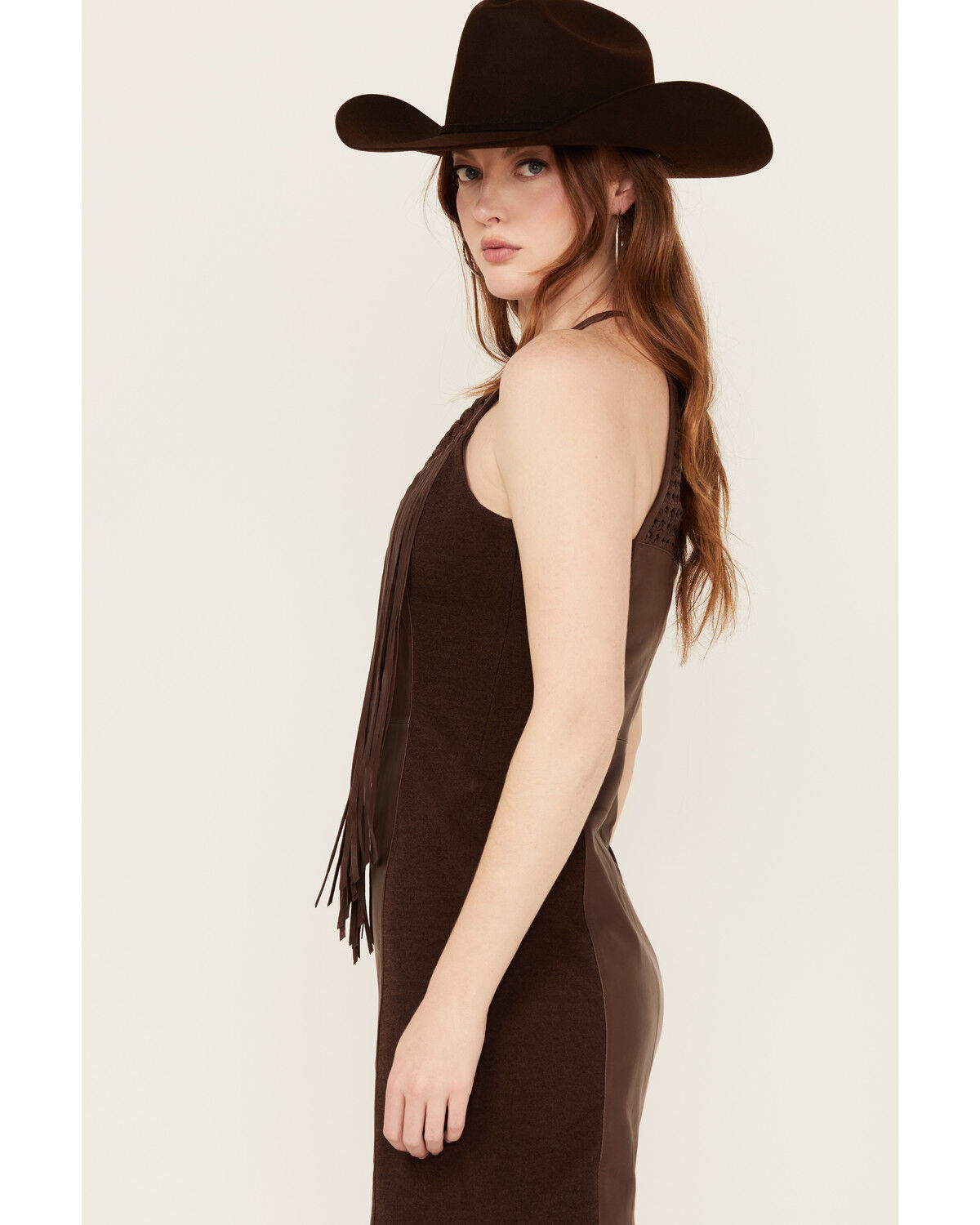 Image #2 - Wonderwest Women's Rain Drum Knotted Leather Slip Mini Dress, Brown, hi-res