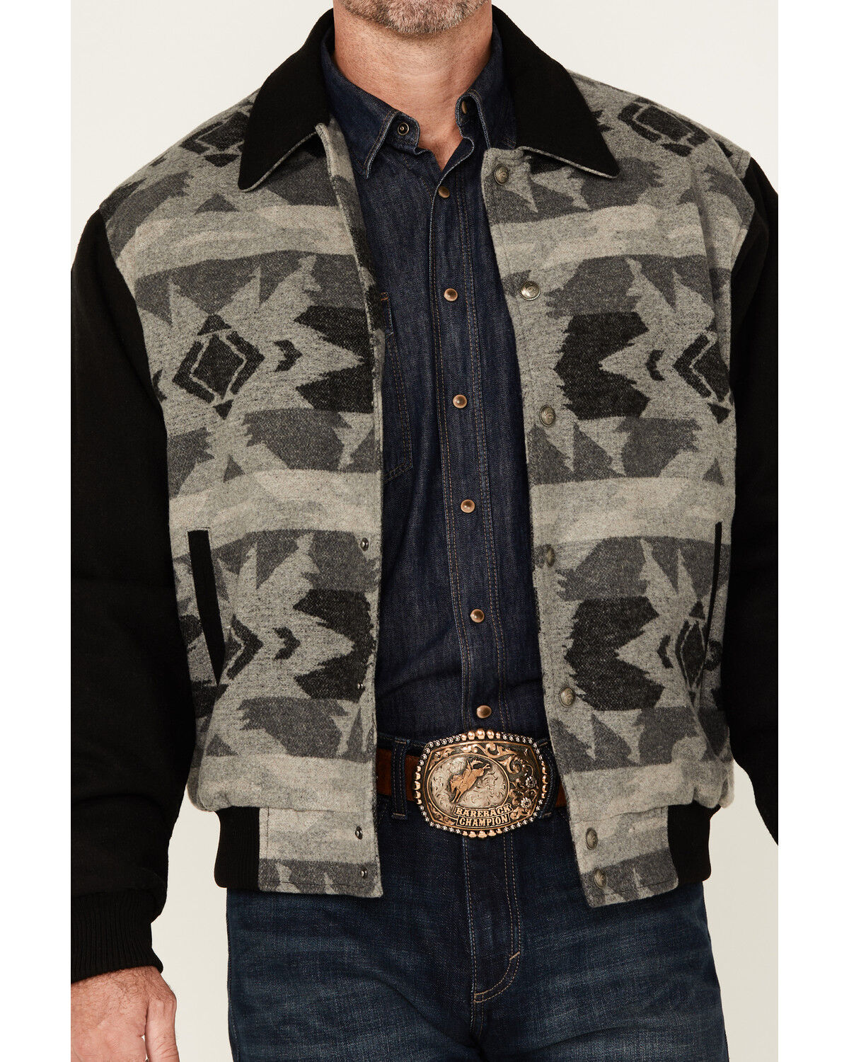 Image #3 - Cripple Creek Men's Southwestern Print Wool Bomber Jacket, Black, hi-res