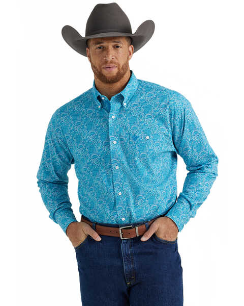 George Strait by Wrangler Men's Paisley Print Long Sleeve Button-Down Stretch Western Shirt , Turquoise, hi-res