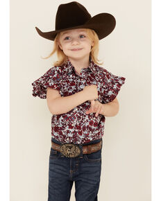 Shyanne Toddler Girls' Red Floral Print Ruffle Short Sleeve Western Shirt , Red, hi-res