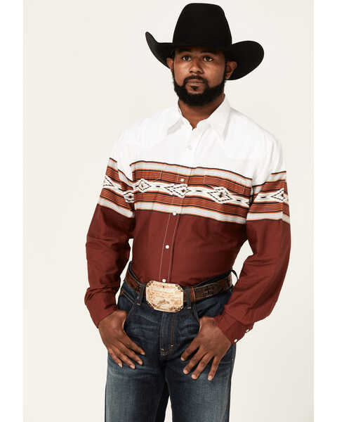 Roper Men's Diamond Southwestern Border Print Long Sleeve Pearl Snap Western Shirt , Brown, hi-res