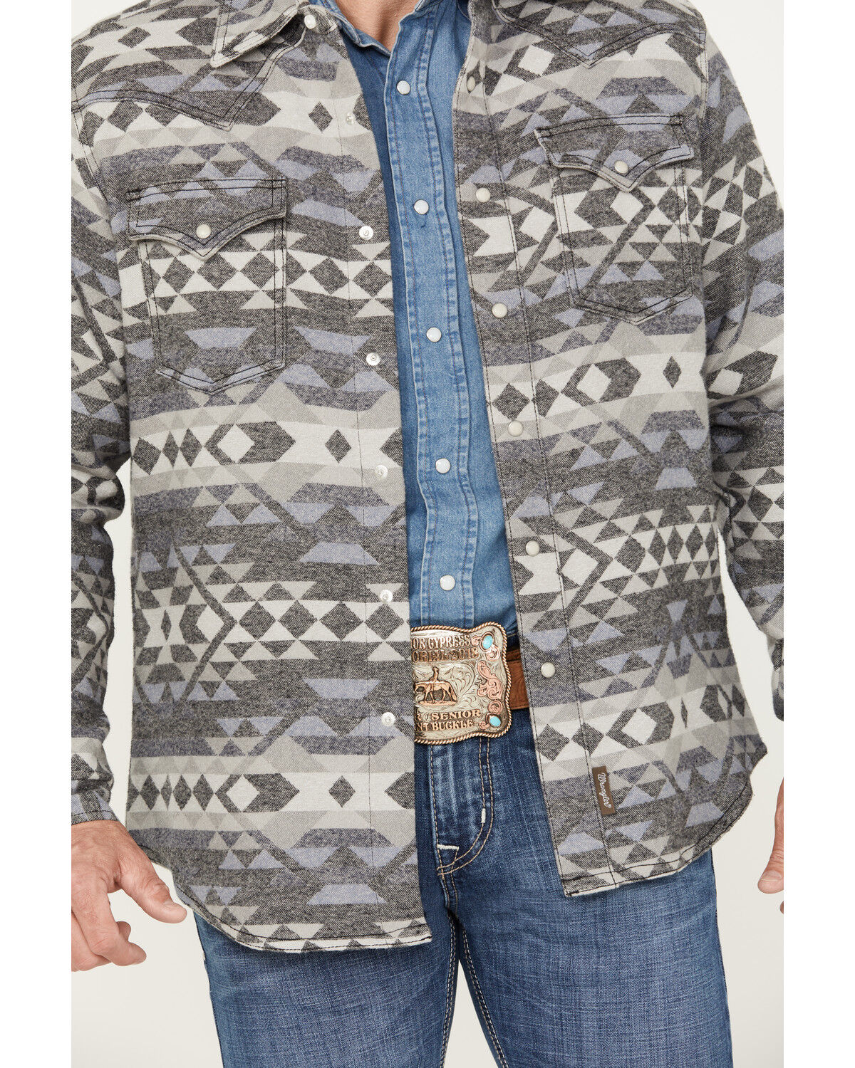 Image #3 - Wrangler Retro Men's Premium Southwestern Print Long Sleeve Snap Western Shirt, Grey, hi-res