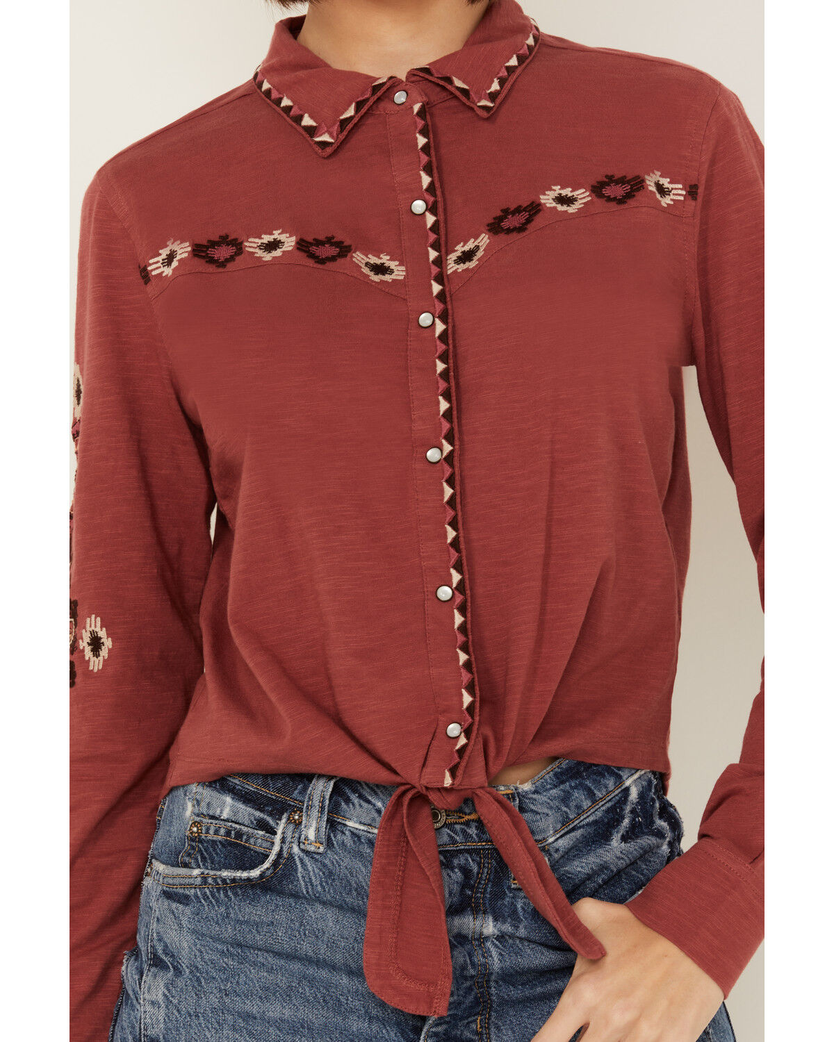 Image #3 - Shyanne Women's Embroidered Long Sleeve Tie Front Pearl Snap Shirt, Rust Copper, hi-res