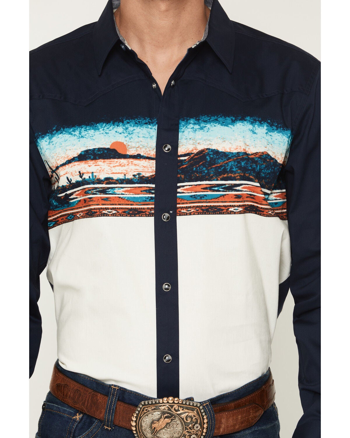 Image #3 - RANK 45&reg; Men's Electric Desert Border Print Long Sleeve Snap Stretch Western Shirt, Natural, hi-res