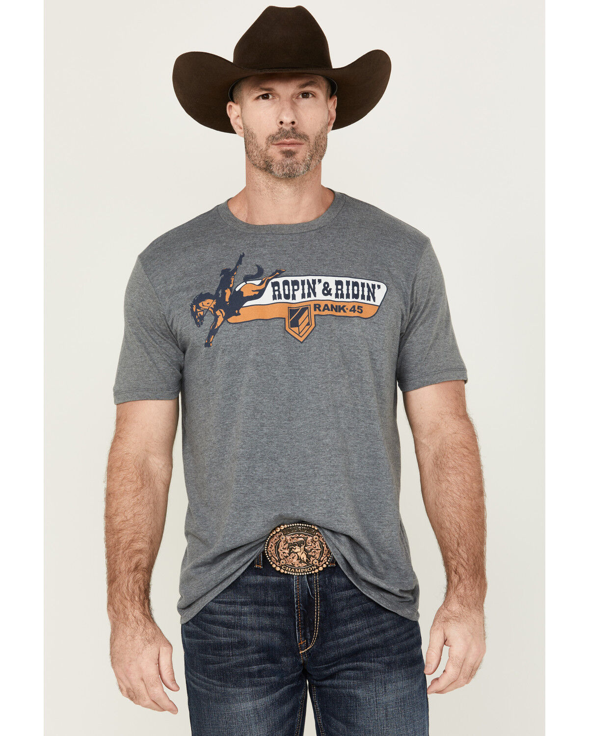 Image #1 - RANK 45® Men's Ridin' & Ropin' Short Sleeve Graphic T-Shirt, Charcoal, hi-res