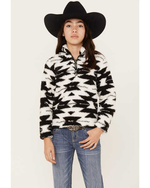 Roper Girls' Southwestern Print Sherpa Quarter-Zip Sweater, Black, hi-res