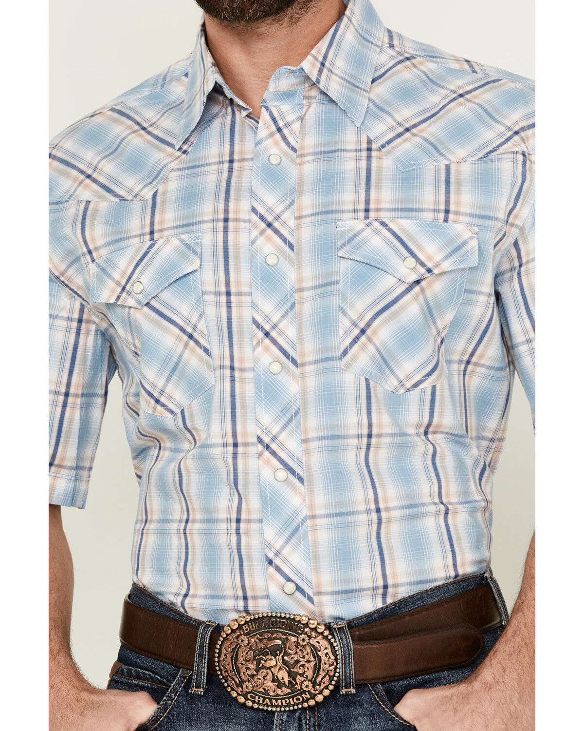 Image #3 - Wrangler 20X Men's Advanced Comfort Plaid Print Short Sleeve Snap Stretch Western Shirt, Blue, hi-res