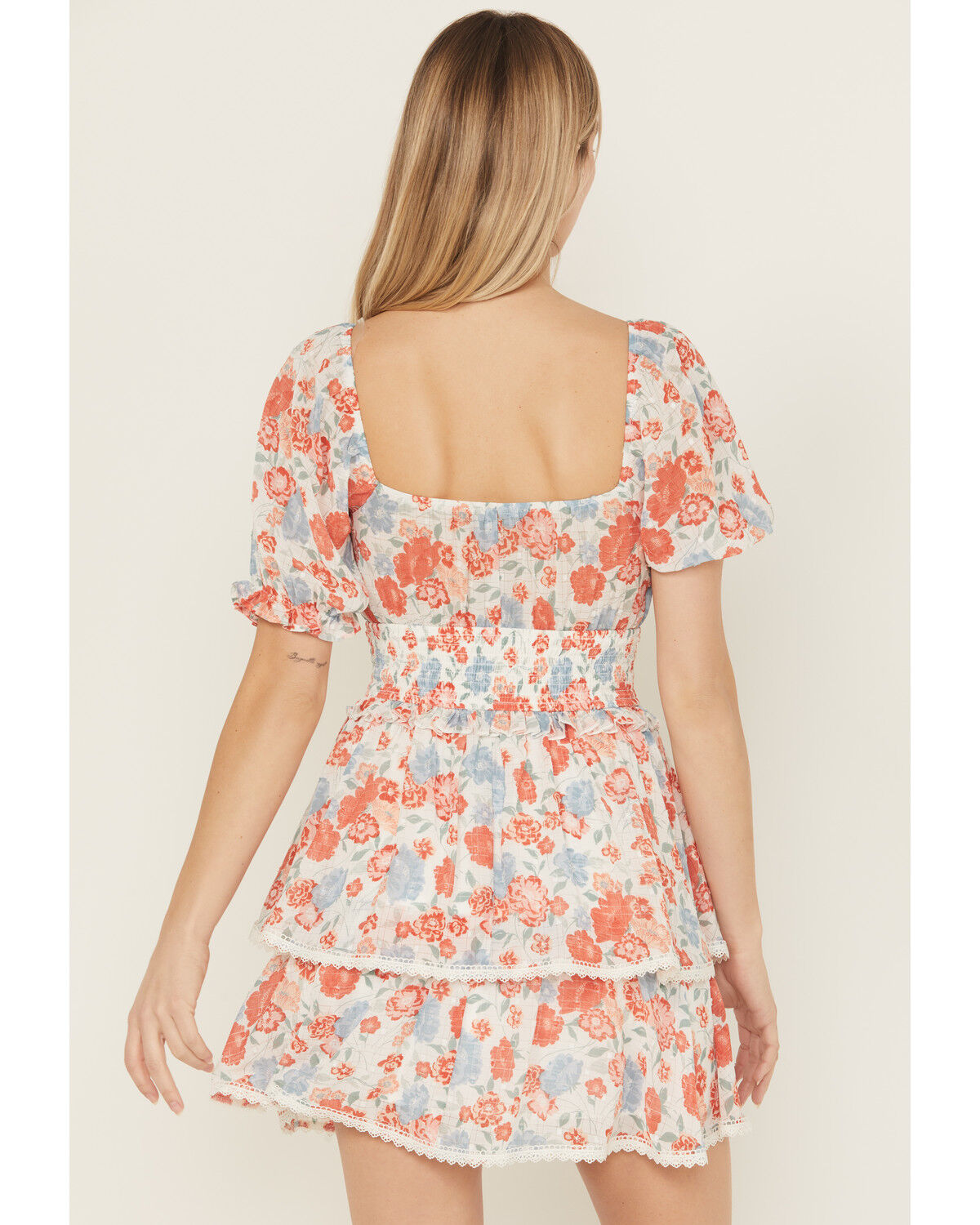 Image #4 - Ash & Violet Women's Floral Print Short Sleeve Lace Trim Mini Dress, Multi, hi-res