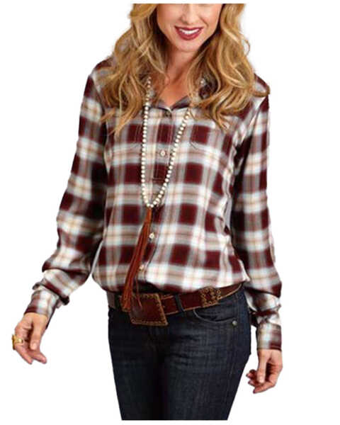 Image #1 - Stetson Women's Brown Plaid Long Sleeve Western Shirt, Brown, hi-res