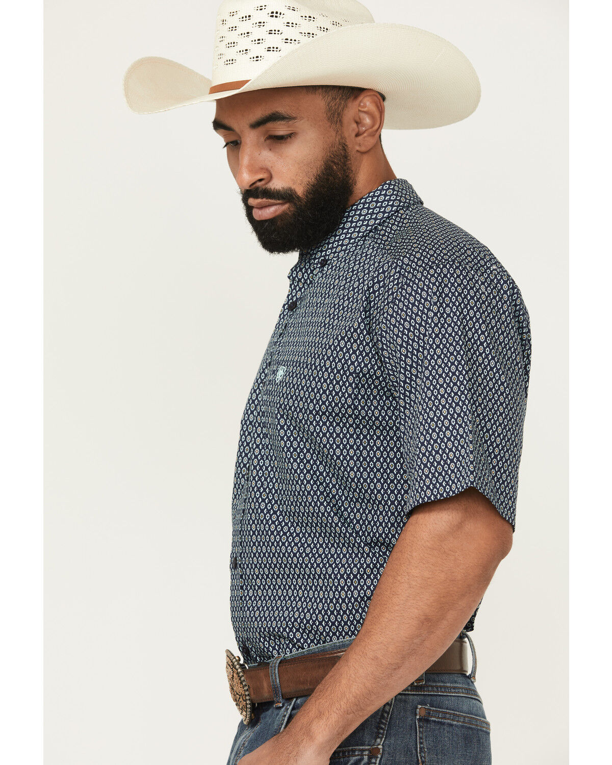Image #2 - Ariat Men's Clark Geo Print Short Sleeve Button-Down Western Shirt, Navy, hi-res