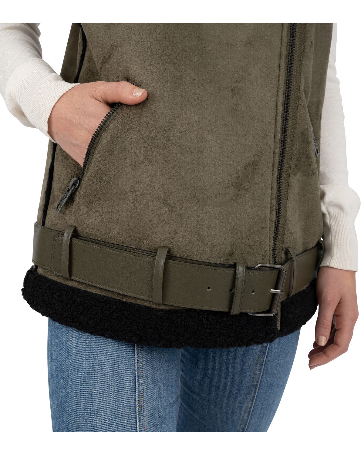 Image #3 - Frye Women's Belted Faux Shearling Vest, Olive, hi-res