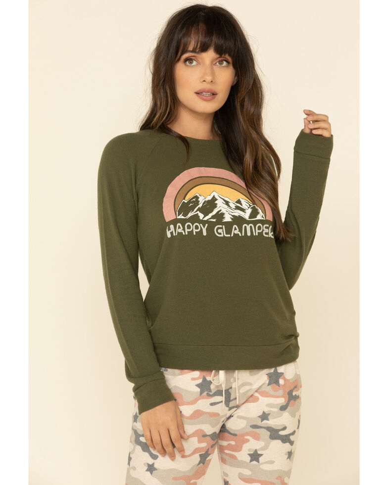 PJ Salvage Women's Olive Happy Glamper Graphic Long Sleeve Top , Olive, hi-res