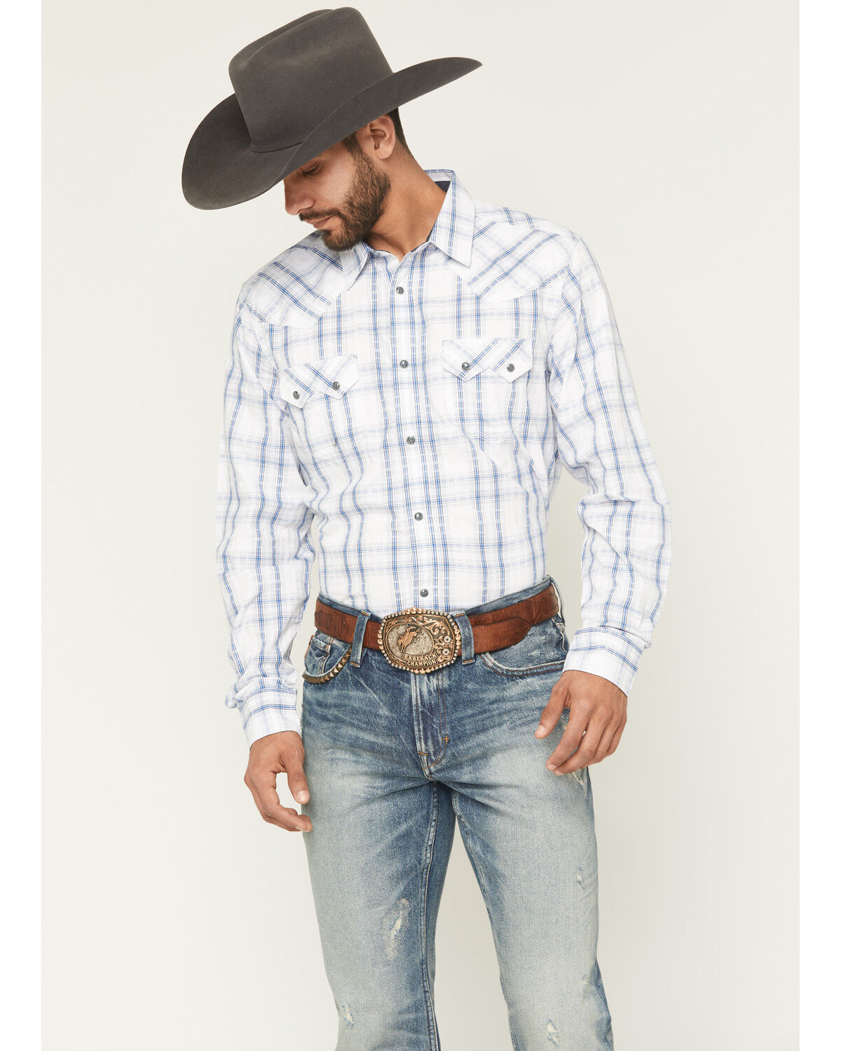 Image #1 - Moonshine Spirit Men's All Day Long Dobby Plaid Print Long Sleeve Snap Western Shirt, White, hi-res