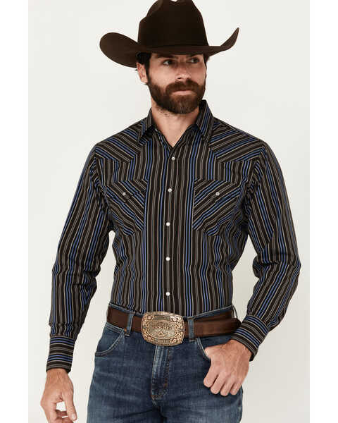 Image #1 - Ely Walker Men's Striped Print Long Sleeve Pearl Snap Western Shirt, Black, hi-res