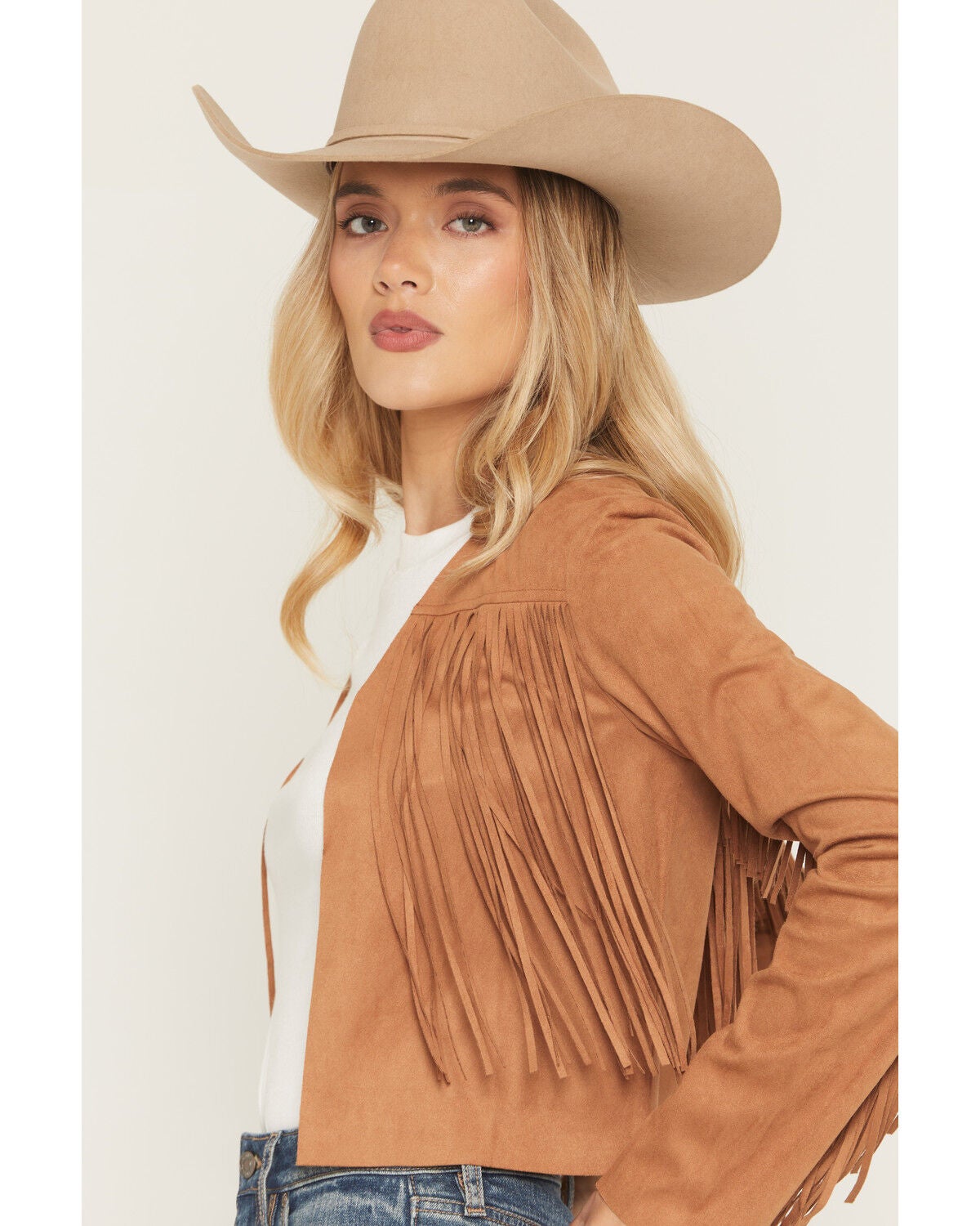 Image #2 - Shyanne Women's Deleon Faux Suede Cropped Fringe Jacket, Tan, hi-res