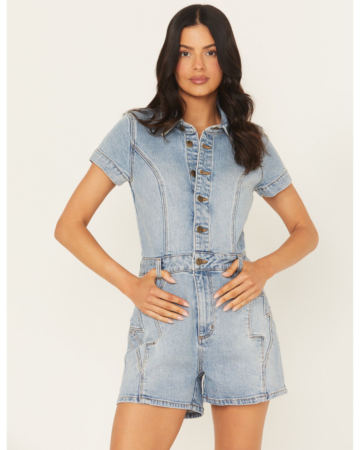 Rolla's X AC/DC Women's Light Wash Lightening Short Sleeve Button-Down Denim Romper, Light Wash, hi-res