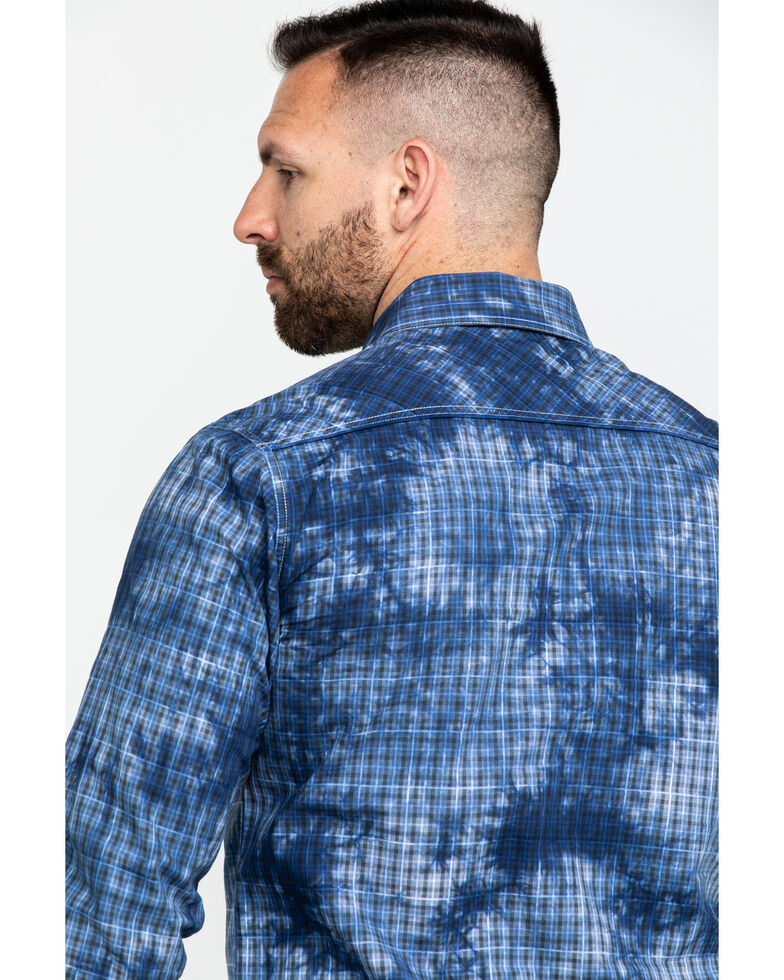 Rock & Roll Denim Men's Spray Washed Satin Plaid Long Sleeve Western Shirt , Blue, hi-res