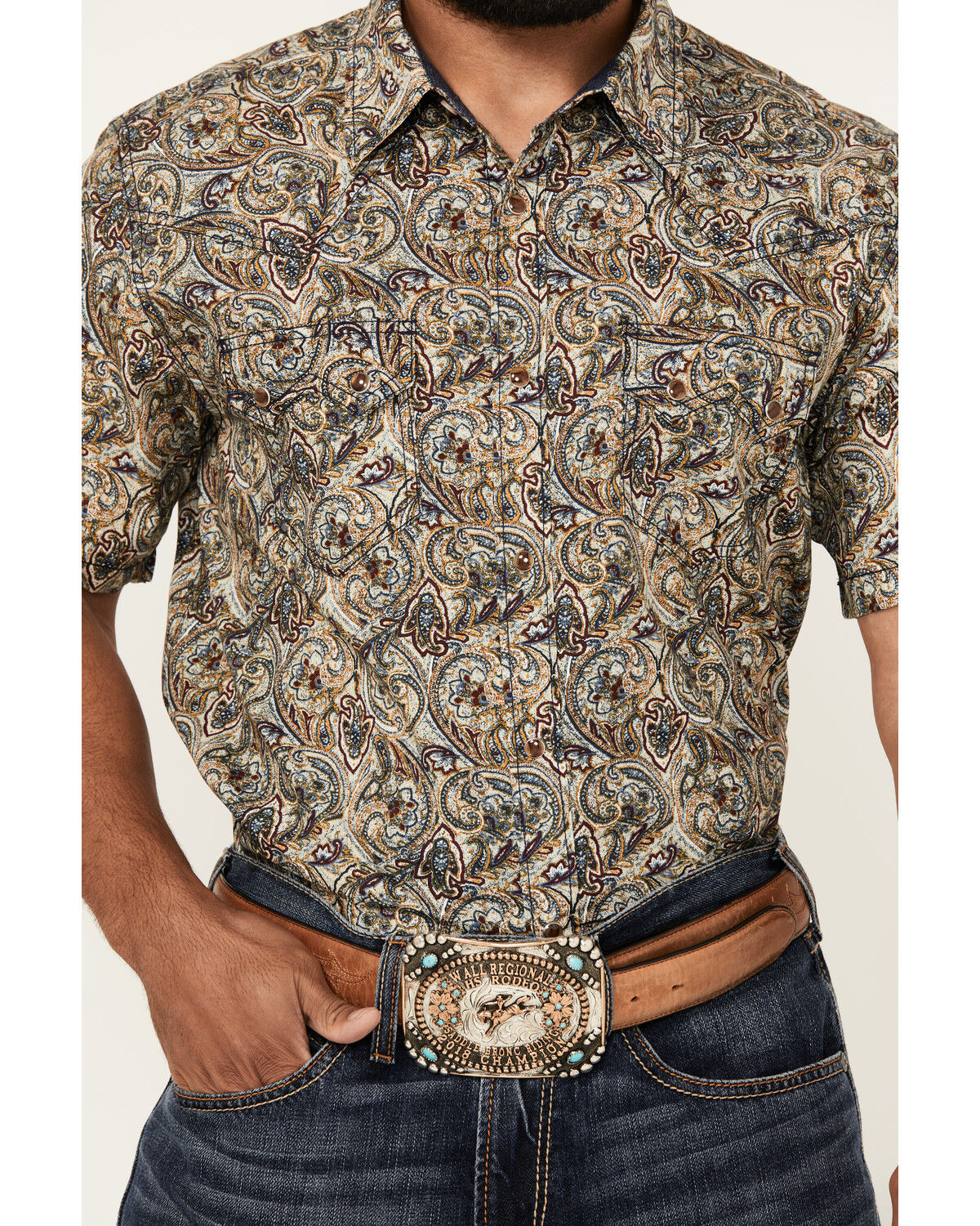 Image #3 - Cody James Men's Down The Road Paisley Print Short Sleeve Snap Western Shirt, Ivory, hi-res
