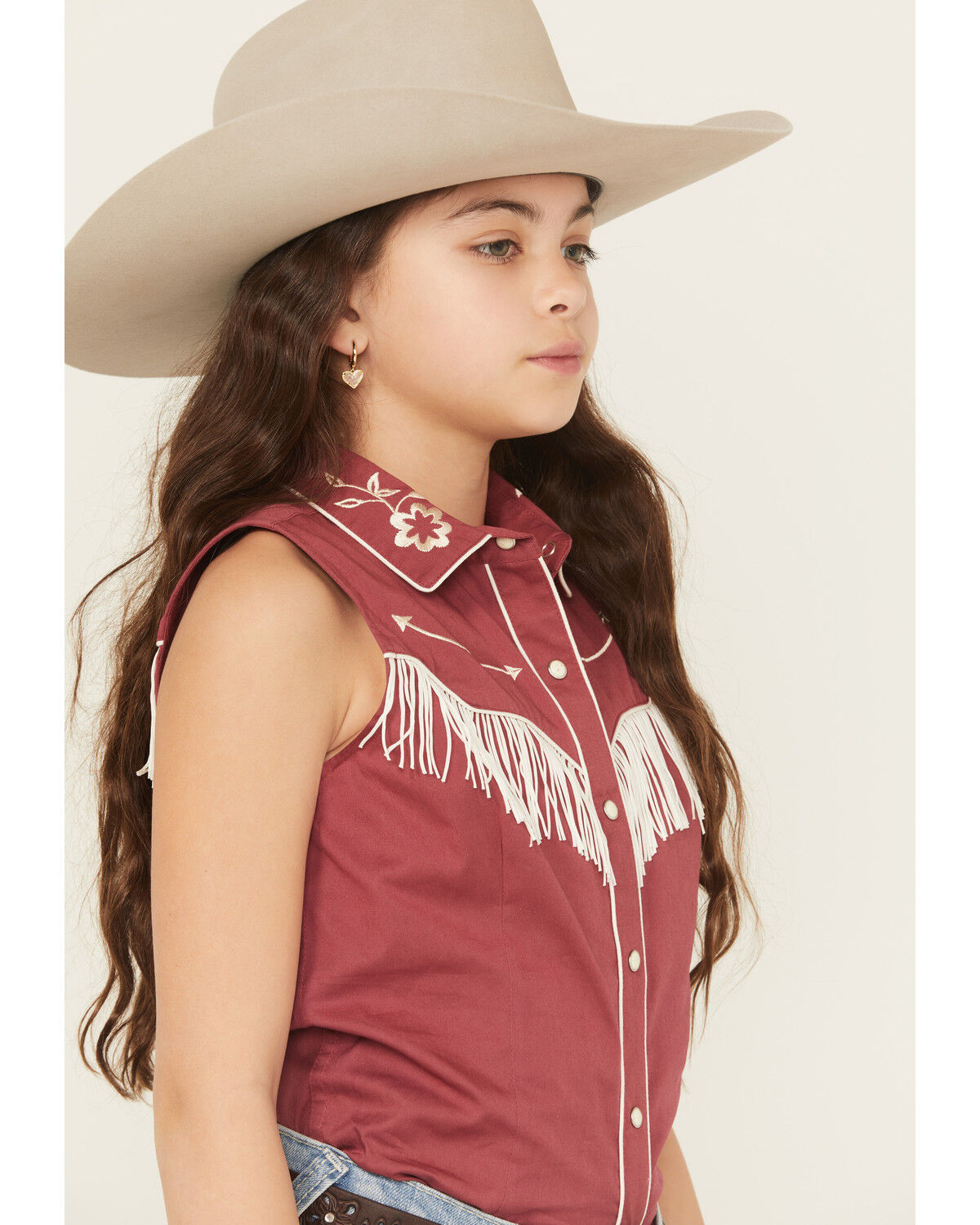 Image #2 - Rock & Roll Denim Girls' Embroidered Retro Sleeveless Snap Western Shirt, Wine, hi-res
