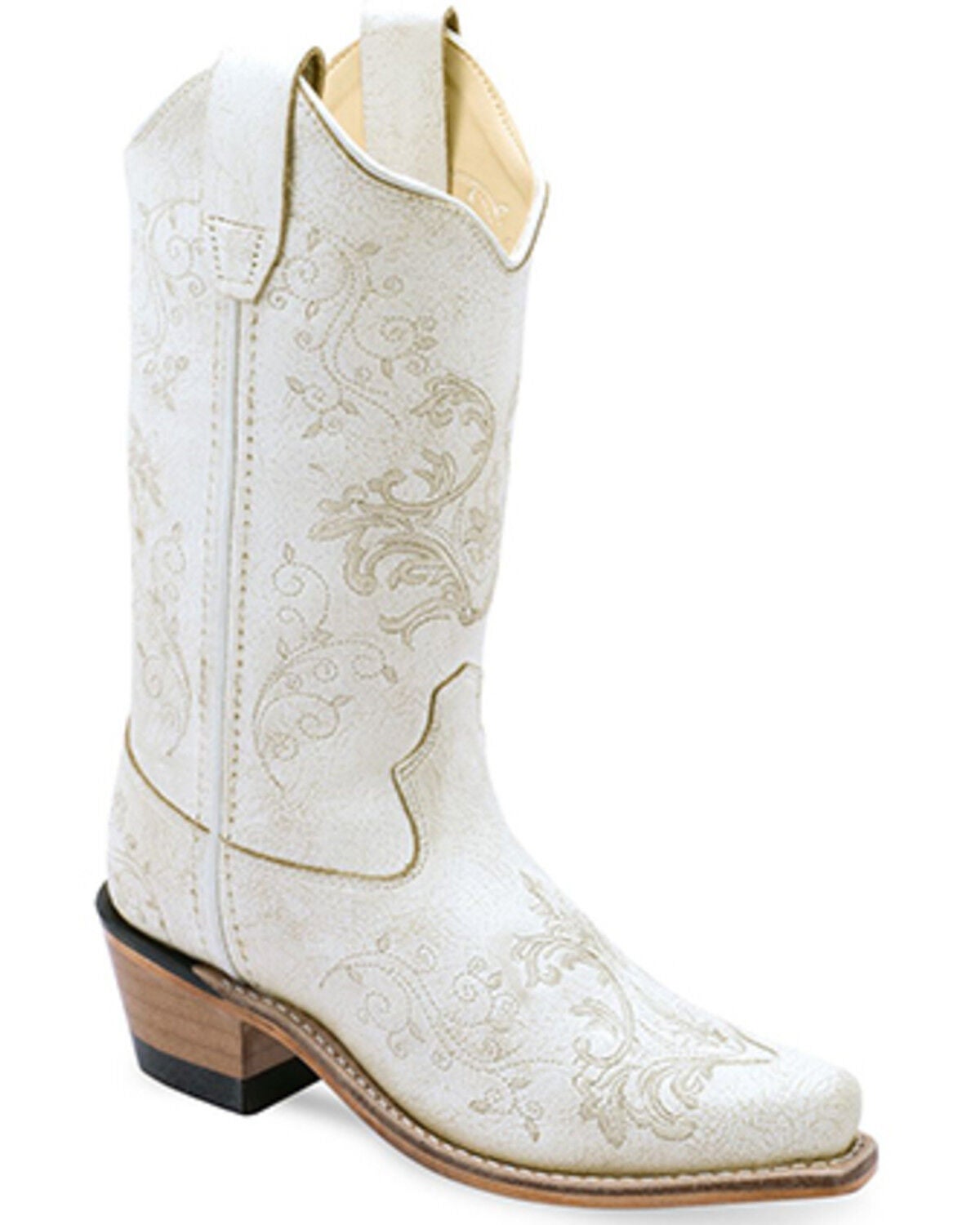 Image #1 - Old West Girls' Embroidered Western Boots - Snip Toe, White, hi-res