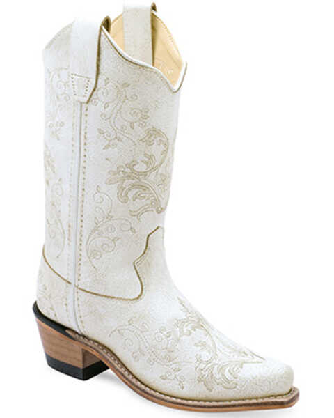 Old West Girls' Embroidered Western Boots - Snip Toe , White, hi-res
