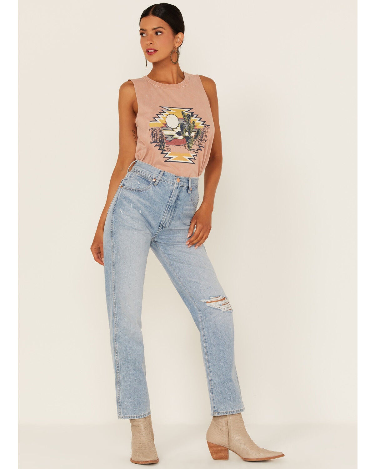 Image #1 - Wrangler Retro Women's Wild West 603 Mid Damaged High Rise Straight Jeans, Blue, hi-res