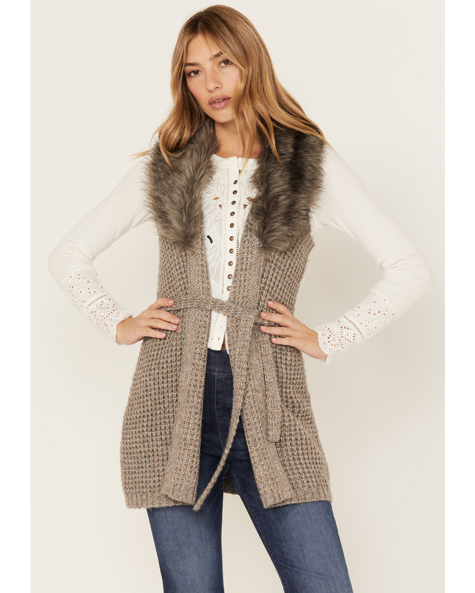 Faux fur collar sweater vest top