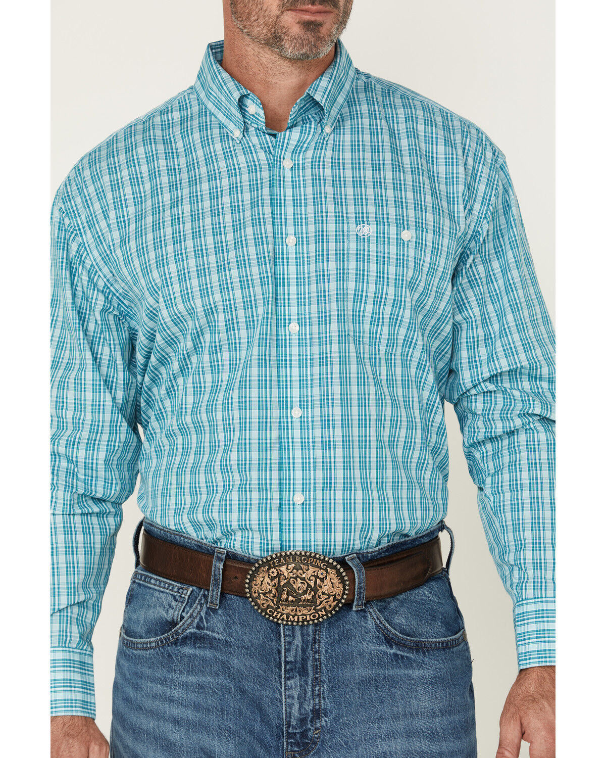 Image #3 - Wrangler Men's Plaid Print Long Sleeve Button-Down Stretch Western Shirt, Aqua, hi-res