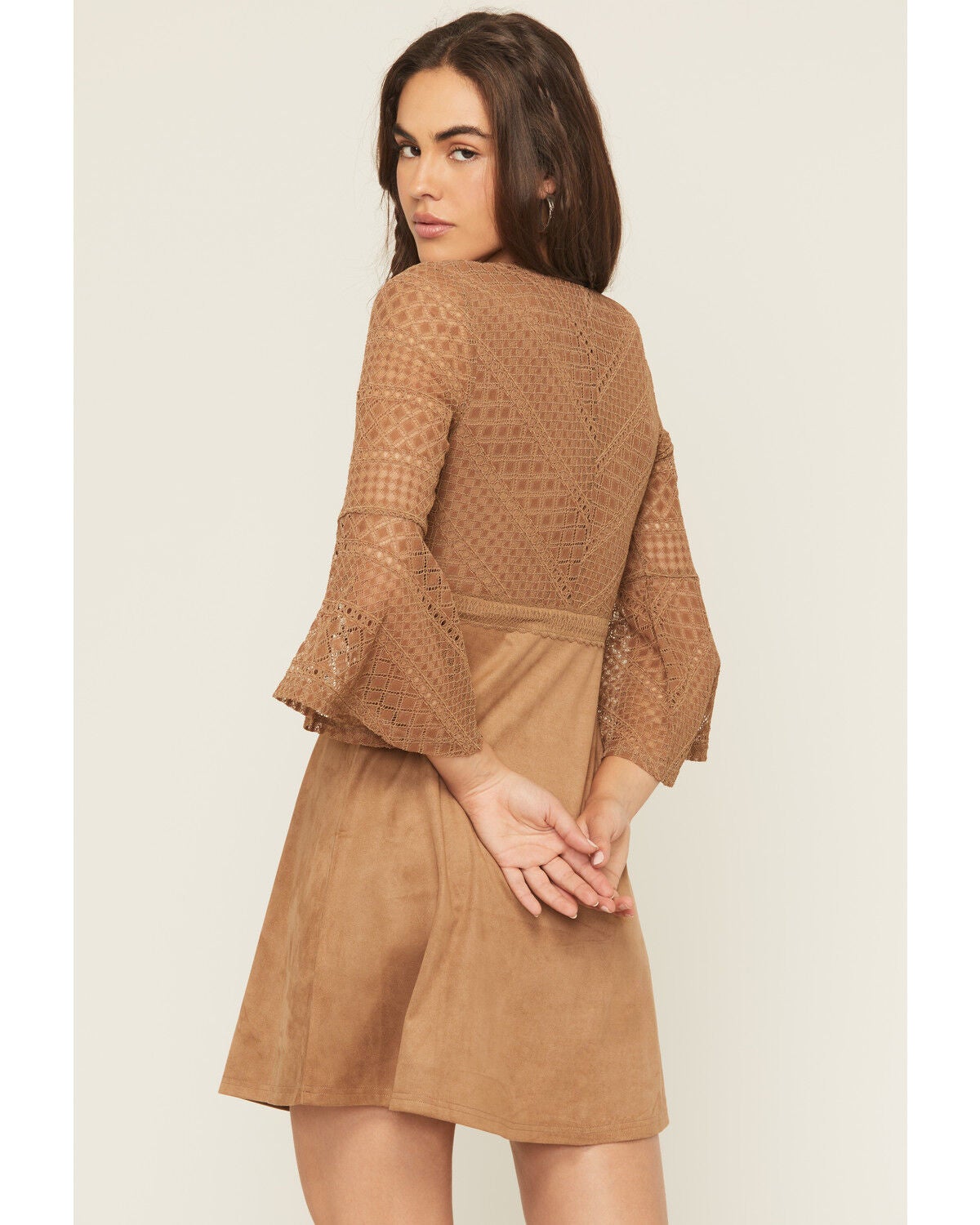 Image #4 - Shyanne Women's Faux Suede Lace Bell Sleeve Mini Dress, Coffee, hi-res