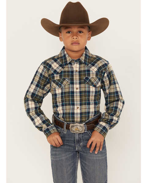 Cody James Boys' Plaid Print Long Sleeve Snap Western Flannel Shirt, Tan, hi-res