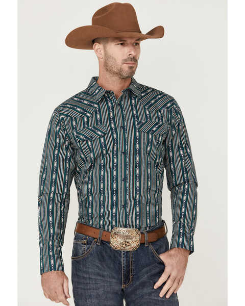 Gibson Men's Bone Southwestern Striped Long Sleeve Snap Western Shirt , Teal, hi-res